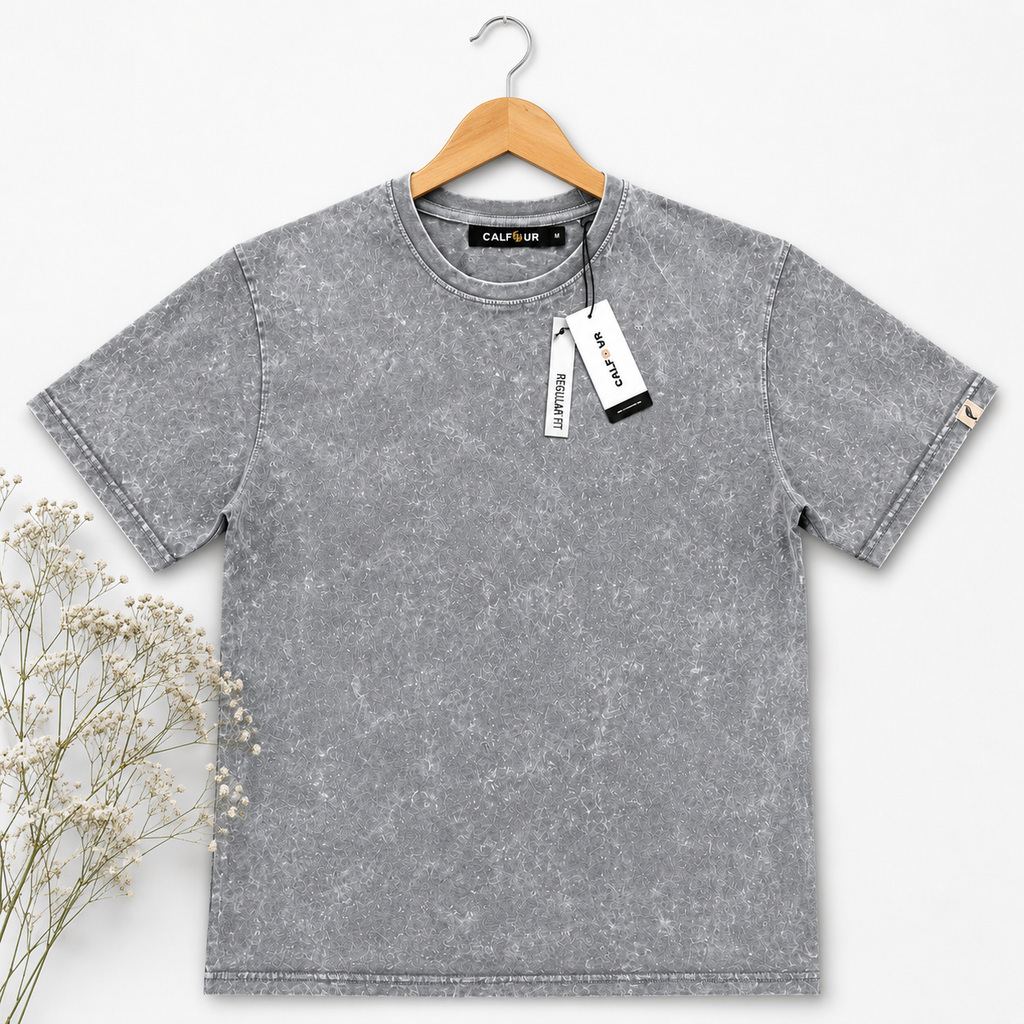 Acid Stone Wash Gray Tee — Vintage Look, 100% Cotton