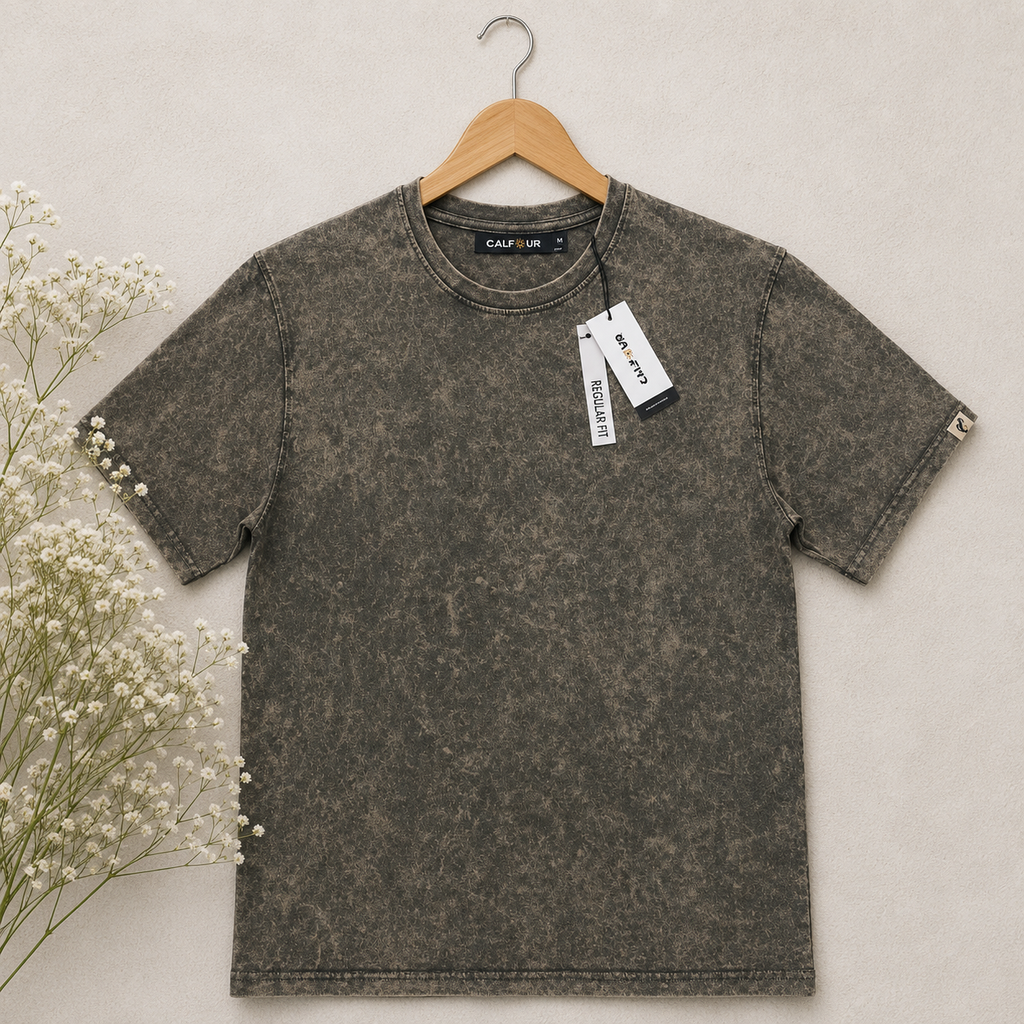 Acid Stone Wash Olive Tee — Vintage Look, 100% Cotton