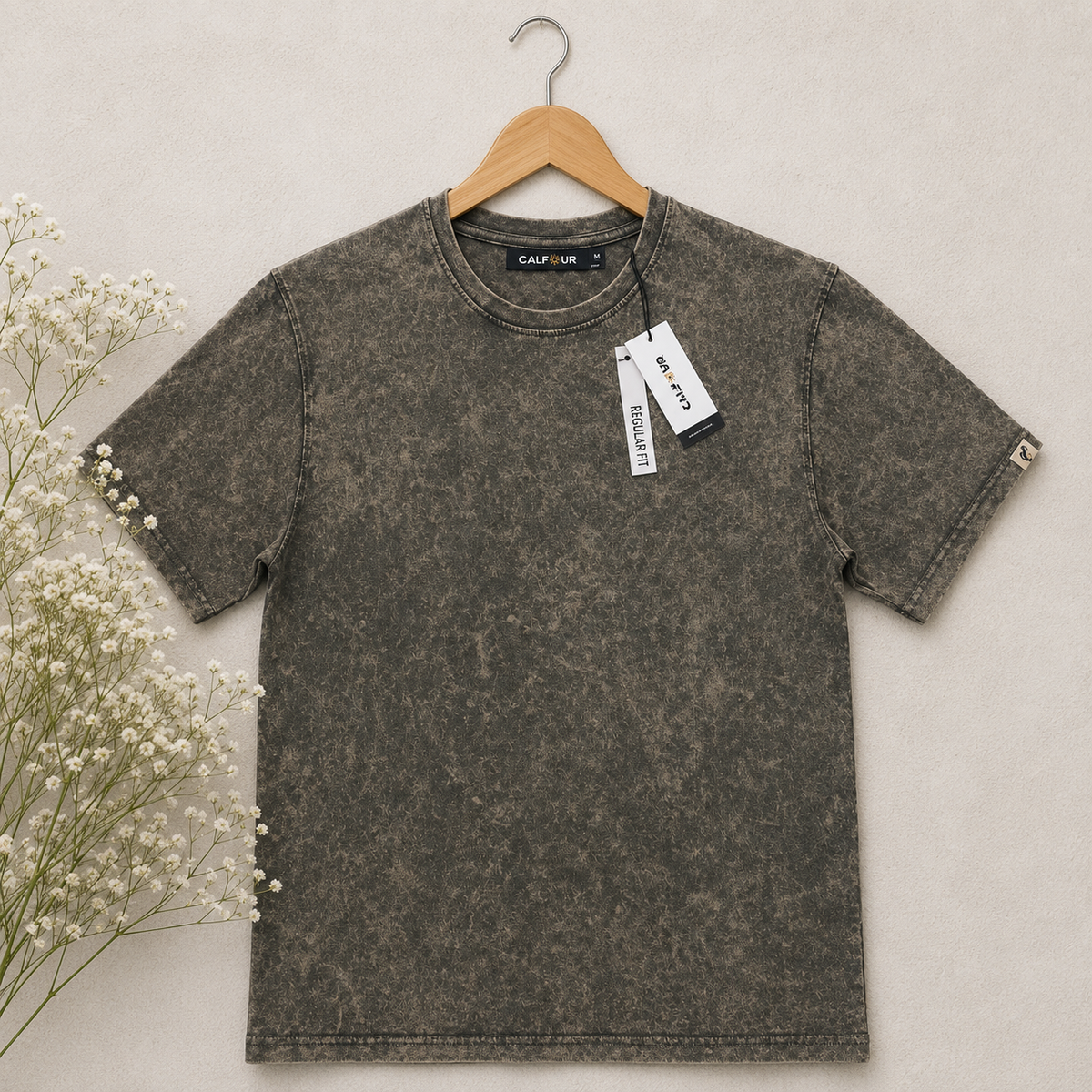 Acid Stone Wash Olive Tee — Vintage Look, 100% Cotton