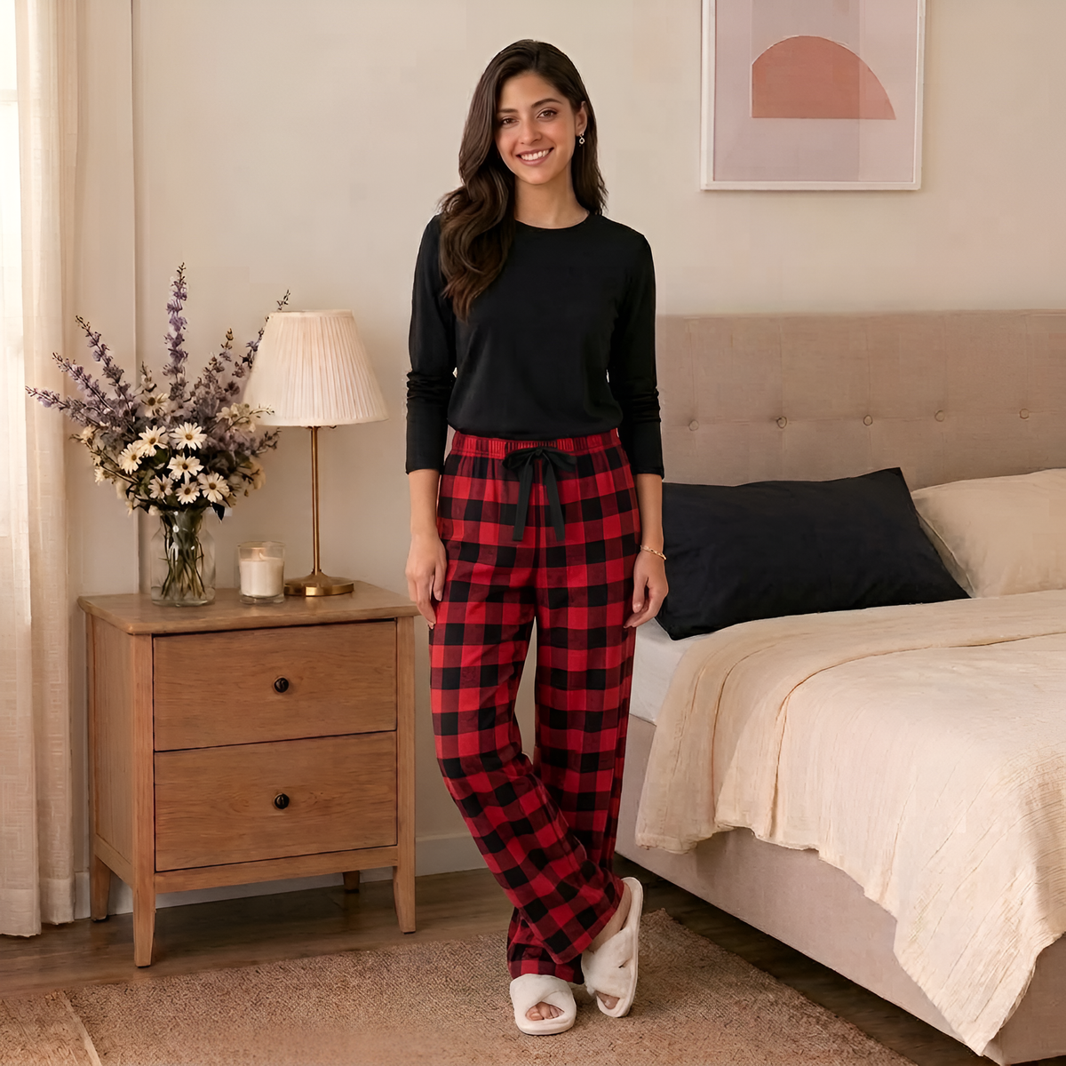 Women's Nightwear Pajama Set Red Black Check