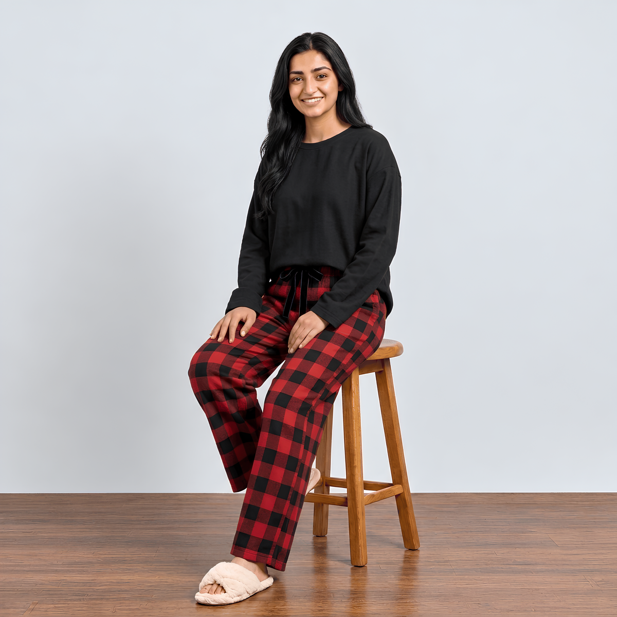 Women's Nightwear Pajama Set Red Black Check