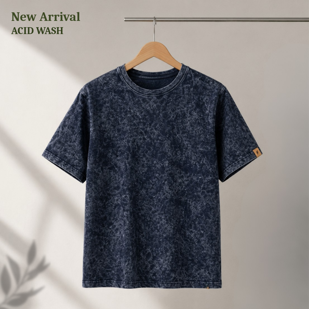 Acid Stone Wash Navy Tee - Vintage Look, 100% Cotton