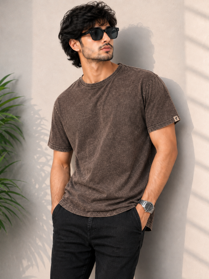 Mocha Brown Acid Wash T-Shirt with model