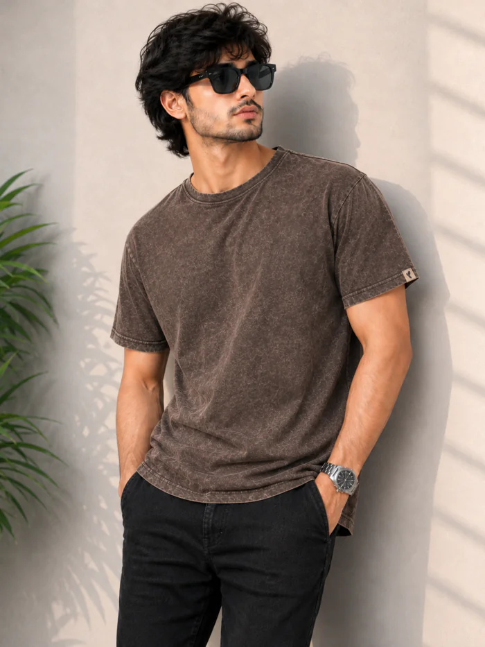 Mocha Brown Acid Wash T-Shirt with model